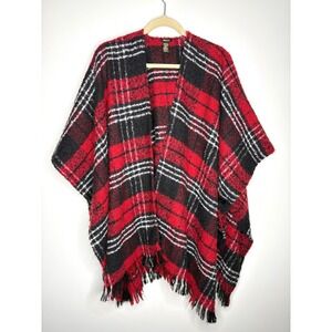 Forever 21 Red Black Plaid Fringe Poncho Shawl Wrap One Size Oversized Cozy Soft